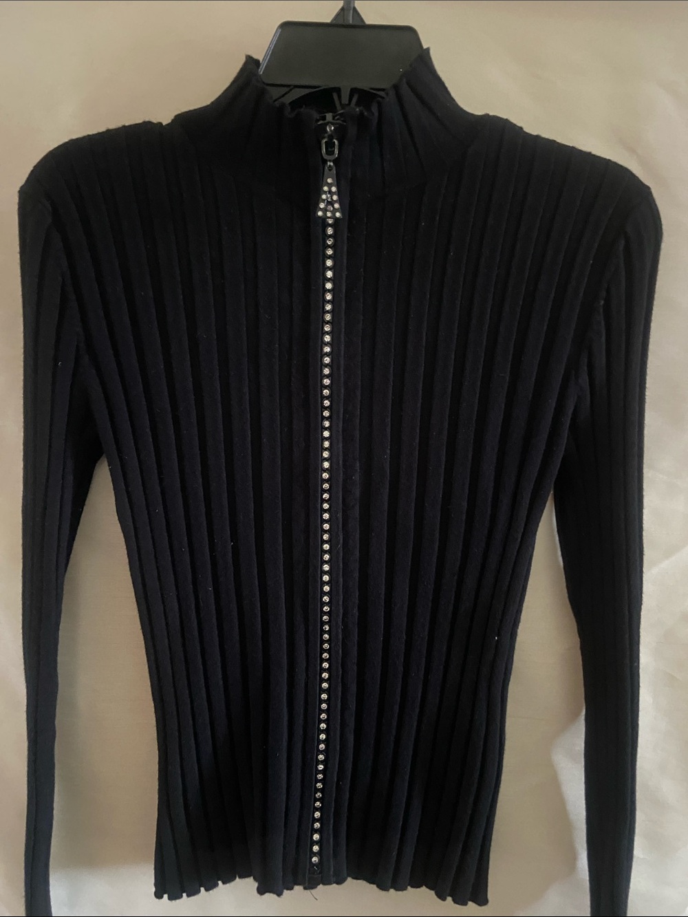 Belldini Black Ribbed Zip Cardigan with Rhinestone Studs